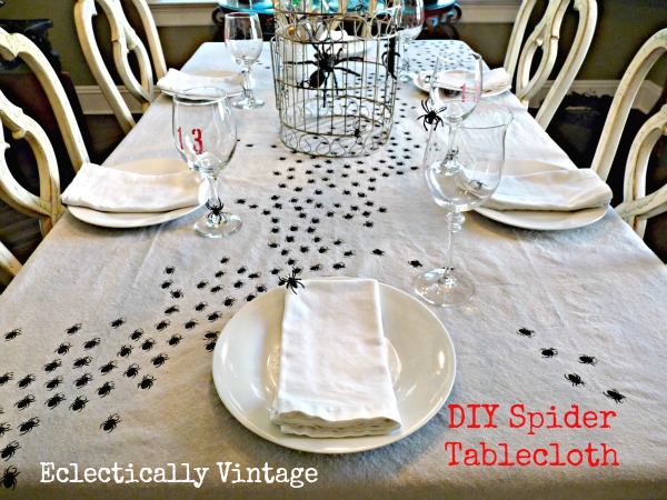 Make this swarming spiders tablecloth for your Halloween table kellyelko.com