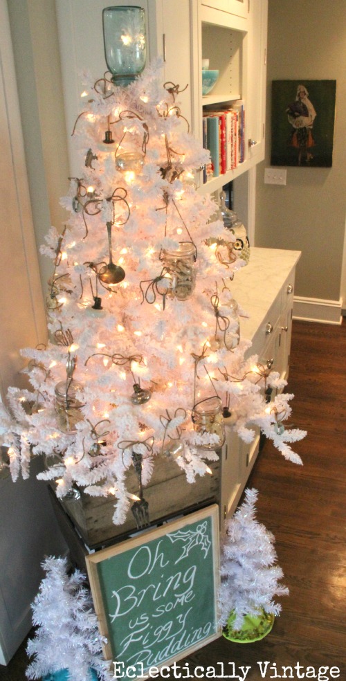 Creative Christmas Decorating Ideas - love this white tree with mason jar ornaments and tree topper kellyelko.com