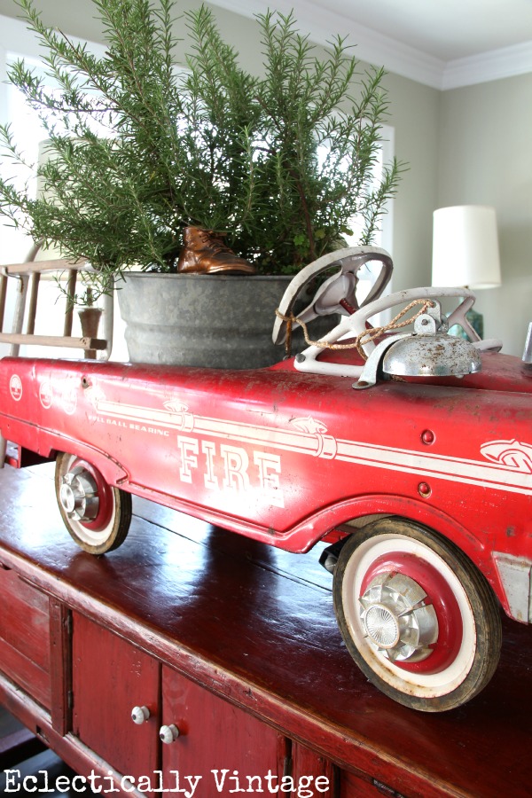 Vintage red fire truck Christmas decor kellyelko.com