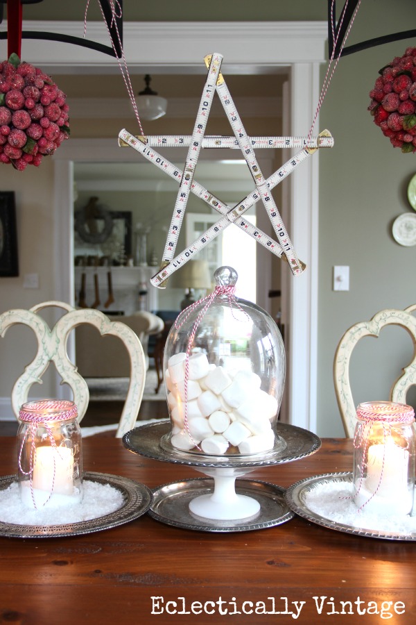 Creative Christmas Decorating Ideas - set a table with snowy mason jar candles and marshmallows kellyelko.com