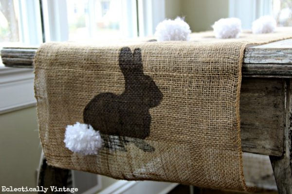 Make a Spring Craft Burlap Bunny Table Runner - with FREE graphic for stencil! kellyelko.com