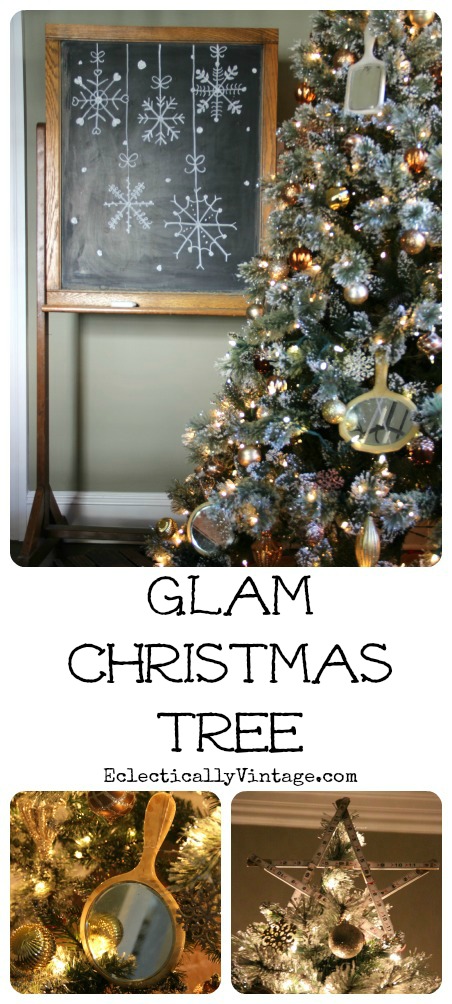 Glam Metallic Christmas Tree - love the unexpected vintage mirrors! kellyelko.com #christmastree #vintagechristmas #vintagedecor #diychristmas #christmasdecorating 