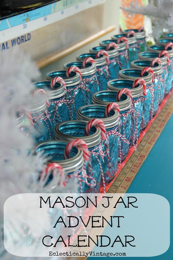 Fun Christmas Craft - Make a Mason Jar Advent Calendar! kellyelko.com #adventcalendar #christmascrafts #masonjarcrafts #masonjar #christmasdecor #farmhousechristmas #farmhousedecor