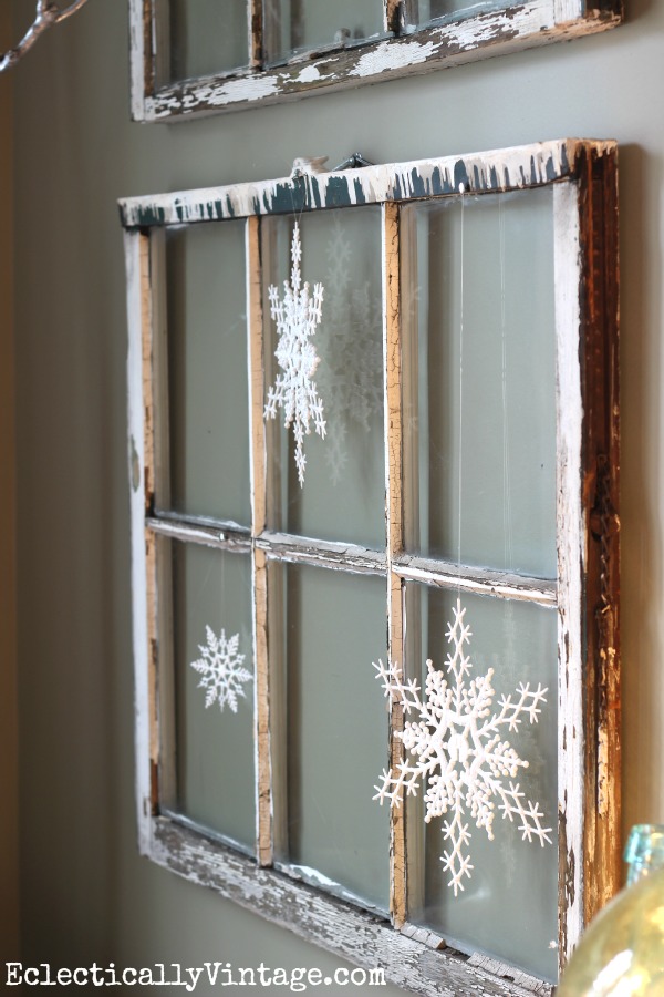 Antique windows decorated with snowflakes for Christmas kellyelko.com