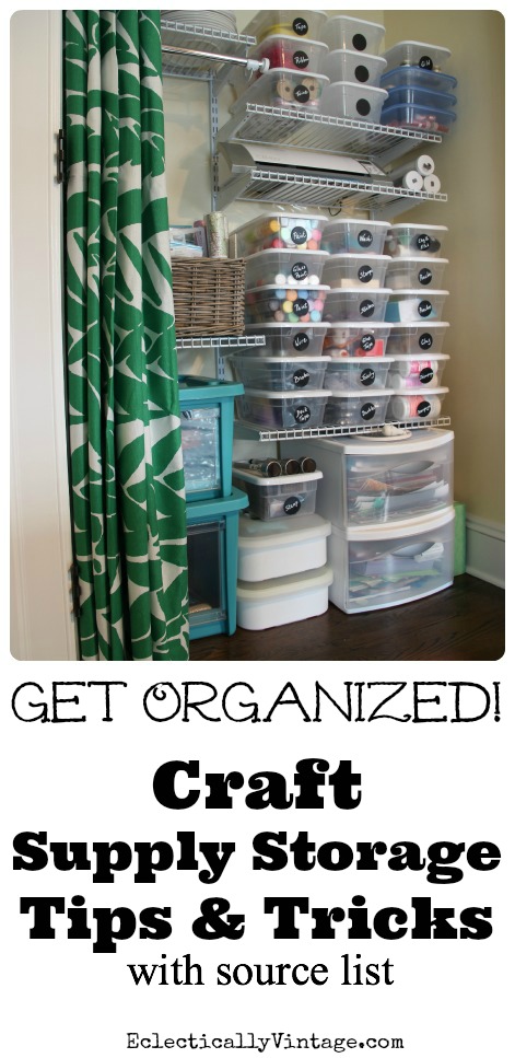 Craft Supply Storage Tips & Tricks to Finally Get Organized! Plus make your own chalkboard labels for pennies! kellyelko.com #organize #crafty #diyideas #organization #craftroom #homeoffice #organizingideas #craftrooms #craftclosets #storage #storageideas #kellyelko 