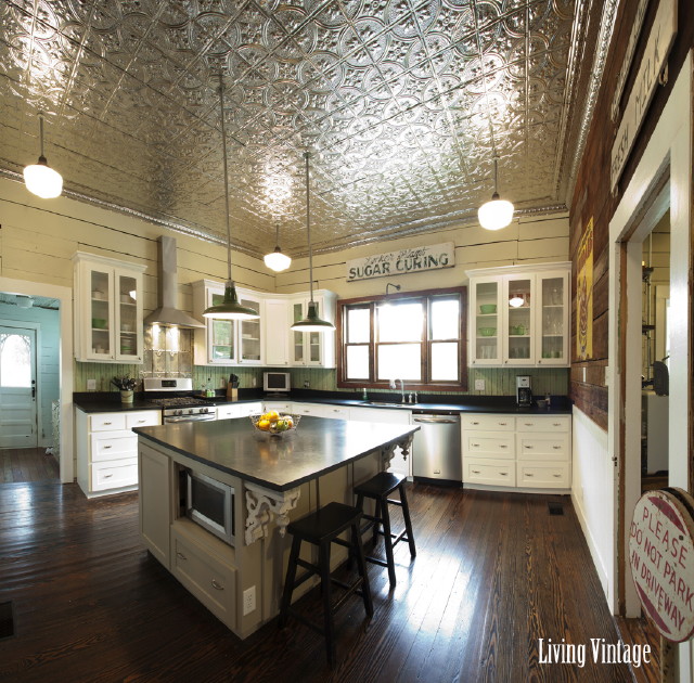 Metal ceiling tiles in the kitchen 