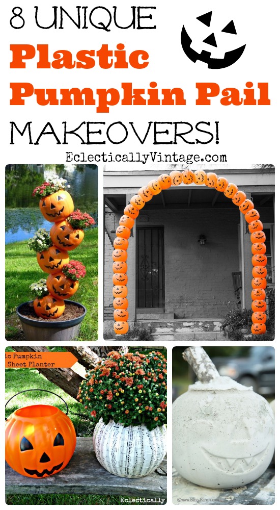 8 Unique Plastic Pumpkin Decorations - turn those pumpkin pails into fun fall and Halloween decorations! kellyelko.com #fall #halloween #plasticpumpkins #pumpkins #halloweendecor #halloweencrafts #fallcrafts #pumpkins #pumpkindecor #upcycle #fallcrafts 