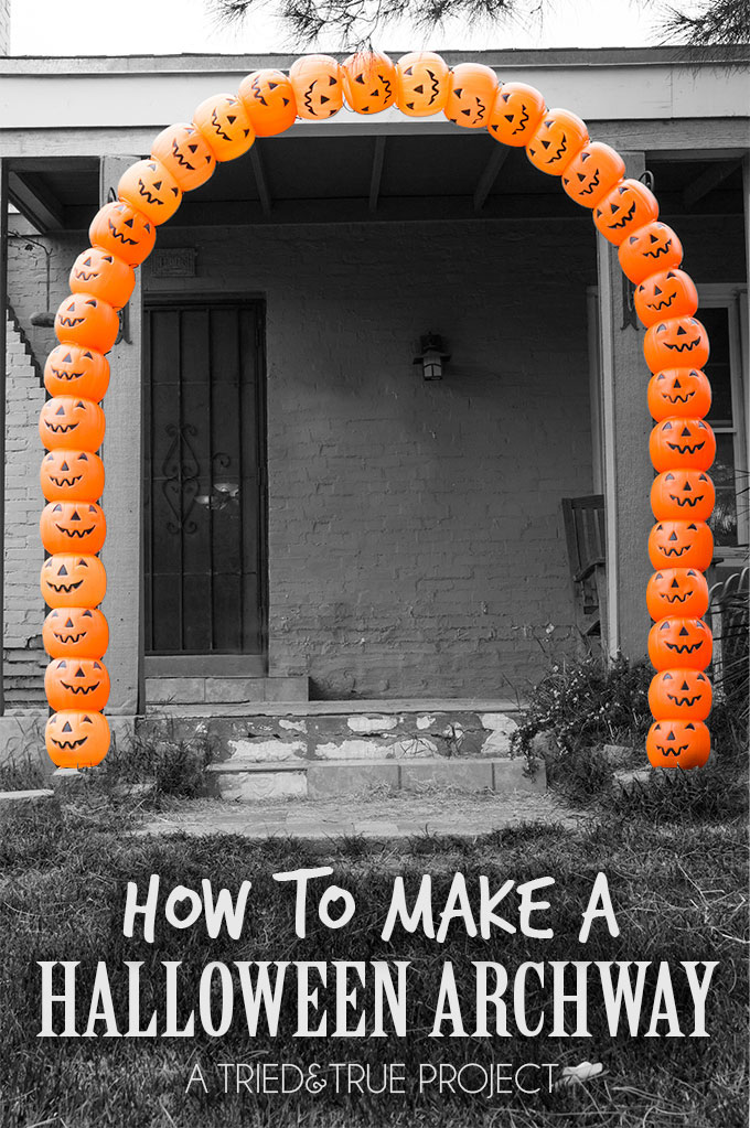 Make a Plastic Pumpkin Archway from cheap pumpkin pails - 7 more creative ideas kellyelko.com #pumpkindecor #falldecor #halloweendecor #halloweendiy #plasticpumpkins #diyhalloween #diyfall #halloweencrafts #fallcrafts 