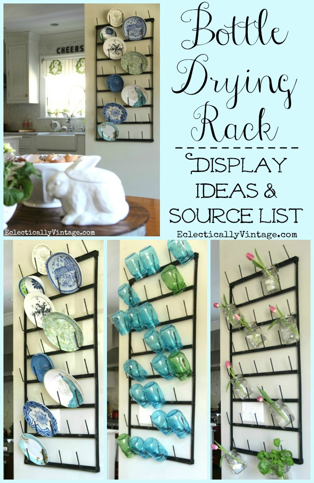 Wall Bottle Drying Rack Display Ideas - I love this huge rack and the different ways she styled the rack are so creative! kellyelko.com #farmhouse #farmhousedecor #farmhousekitchen #kitchendecor #cottagedecor #platewall #gallerywall #eclecticdecor