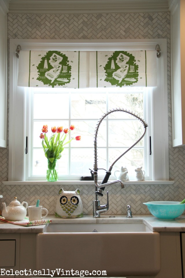 Make a DIY Dish Towel Window Treatment kellyelko.com