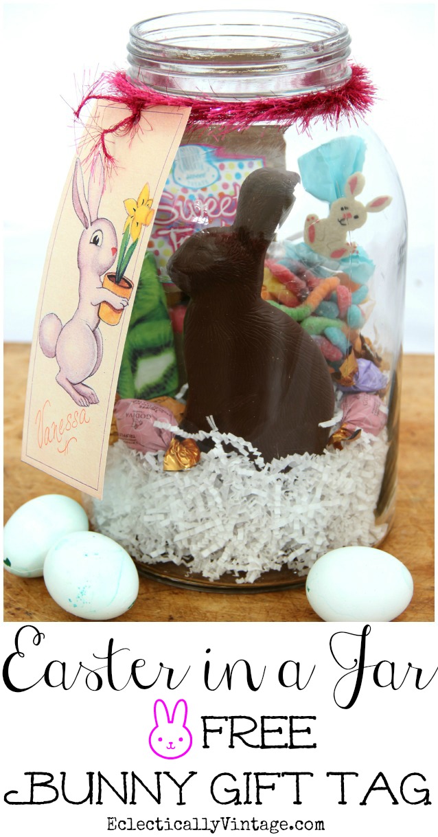 Easter Basket Jars - such a fun idea instead of an Easter basket and includes this adorable FREE Bunny Gift Tag Printable! kellyelko.com Easter Basket Jars - such a fun idea instead of an Easter basket and includes this adorable FREE Bunny Gift Tag Printable! kellyelko.com