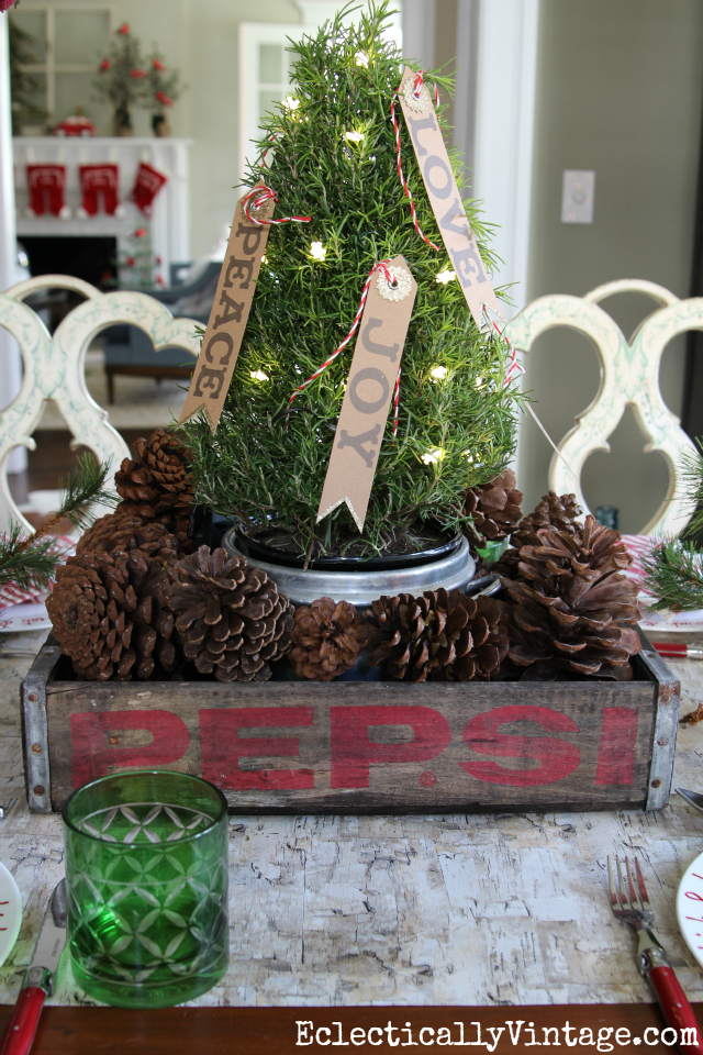 Love this Christmas centerpiece with mini tree in a vintage soda crate kellyelko.com