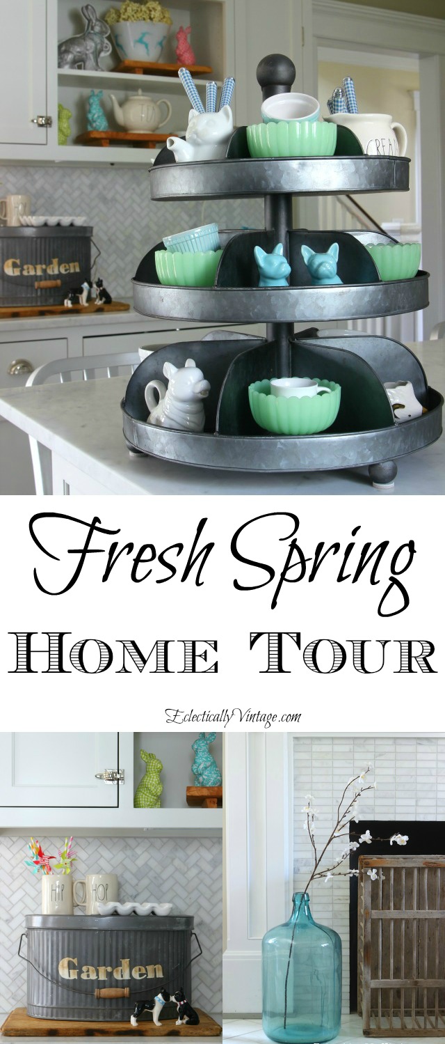 Spring House Decorating Tour - so many creative decorating and DIY ideas! kellyelko.com #spring #springdecor #springdecorating #springcrafts #hometour #housetour #eclectichome #farmhousedecor #fixerupperstyle #jadeite #farmhousestyle #vintagedecor #vintagehome #kellyelko