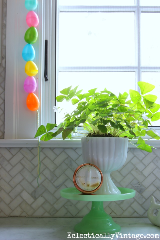 Green cake stand is a great way to elevate plants kellyelko.com #plants #plantlady #springcrafts #kidscrafts #kellyelko