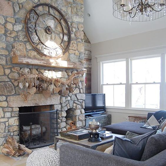 Stone fireplace focal wall - love the huge clock above the rustic wood mantel kellyelko.com