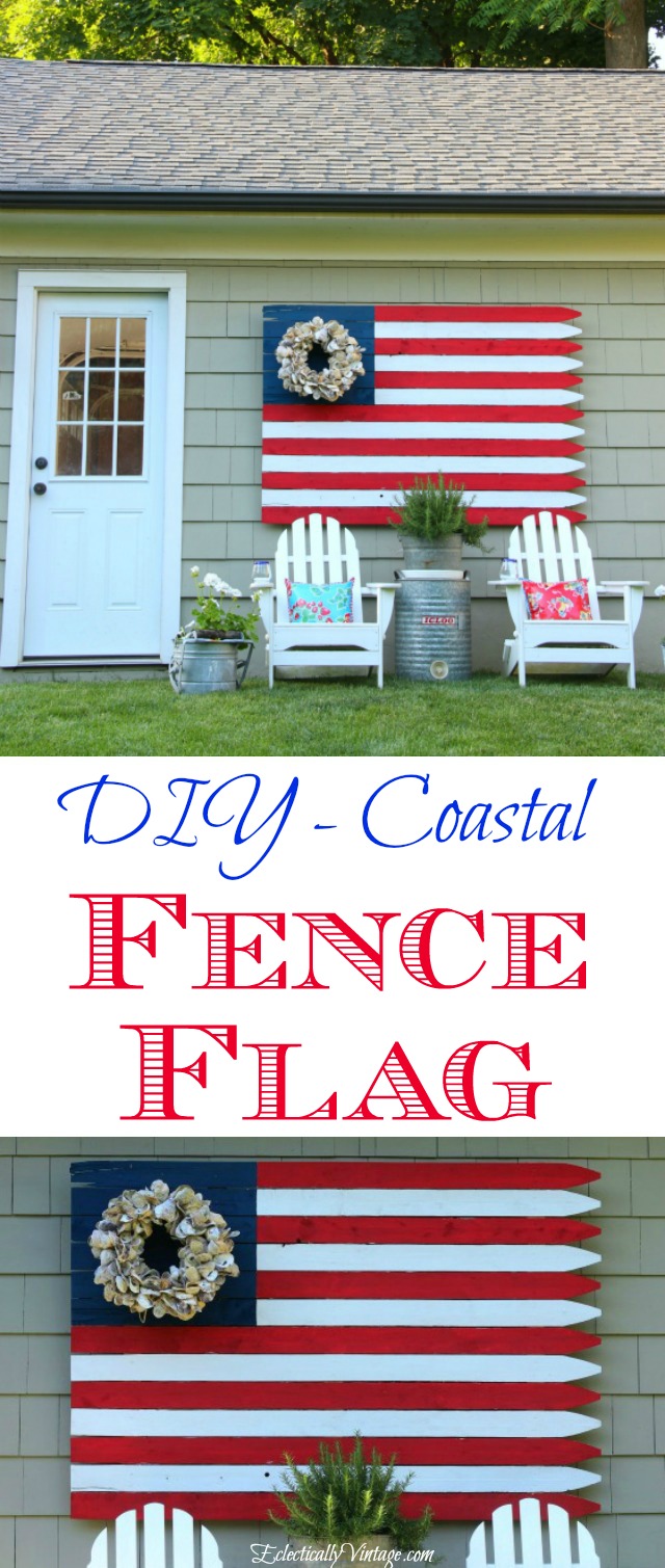 DIY Fence Flag - love the oyster shell wreath instead of stars! kellyelko.com #flag #flags #fourthofjuly #memorialday #diyideas #diyprojects #diycrafts #upcycle #repurpose #garden #gardendecor #outdoordecor #gardens #outdoors #patriotic #americanflag #vintagedecor #kellyelko