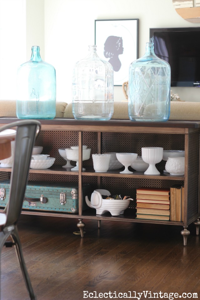 glass water jugs, vintage milk glass