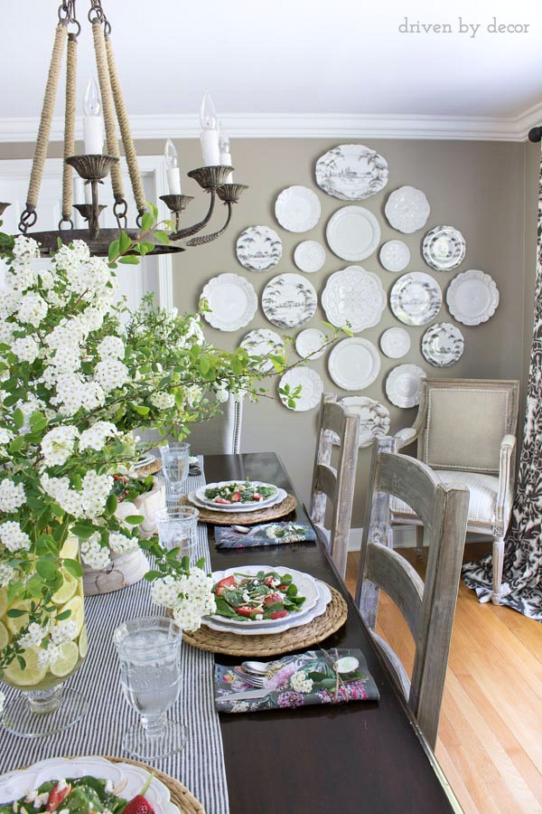 plate wall, gray dining room