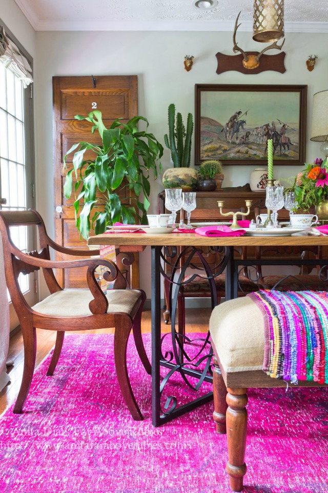 overdyed rug, pink rug, dining room, boho dining room