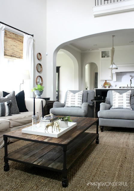 Neutral family room in beiges, whites and grays kellyelko.com