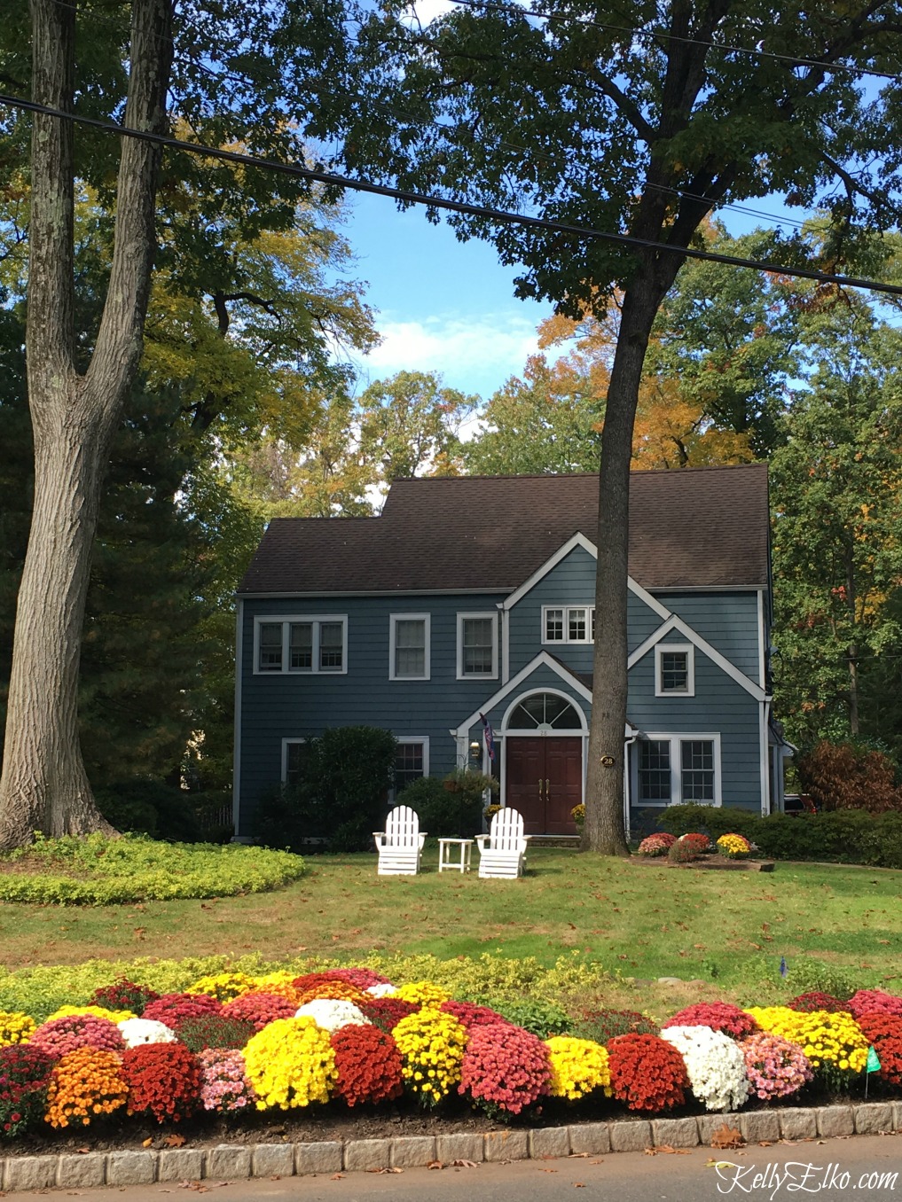 Charming blue house with lots of mums - see more fall homes with curb appeal kellyelko.com