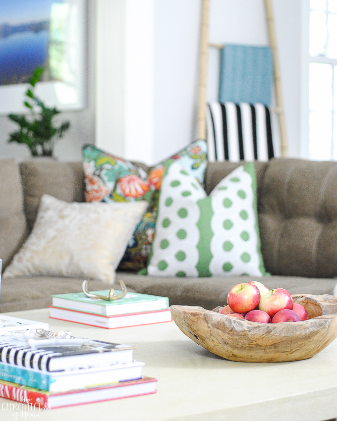 Coffee table books and wood bowl 