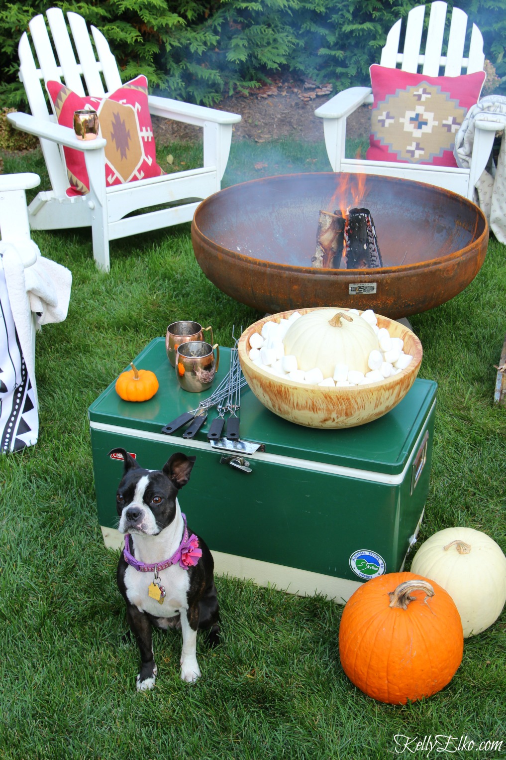 Fall fire pit and smores bar - love the boho pillows and vintage accessories like the old cooler kellyelko.com