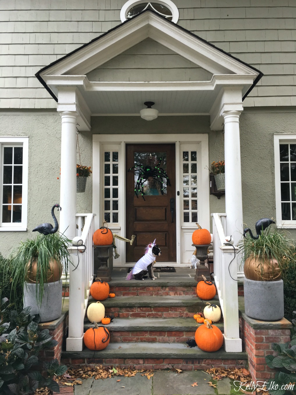 I love this simple Halloween porch and those cute pumpkin planters! kellyelko.com #halloween #halloweendecor #halloweenporch #halloween #fallporch #pumpkindecor #porchdecor #diyhalloween #diyfall #farmhousefall #farmhousehalloween 