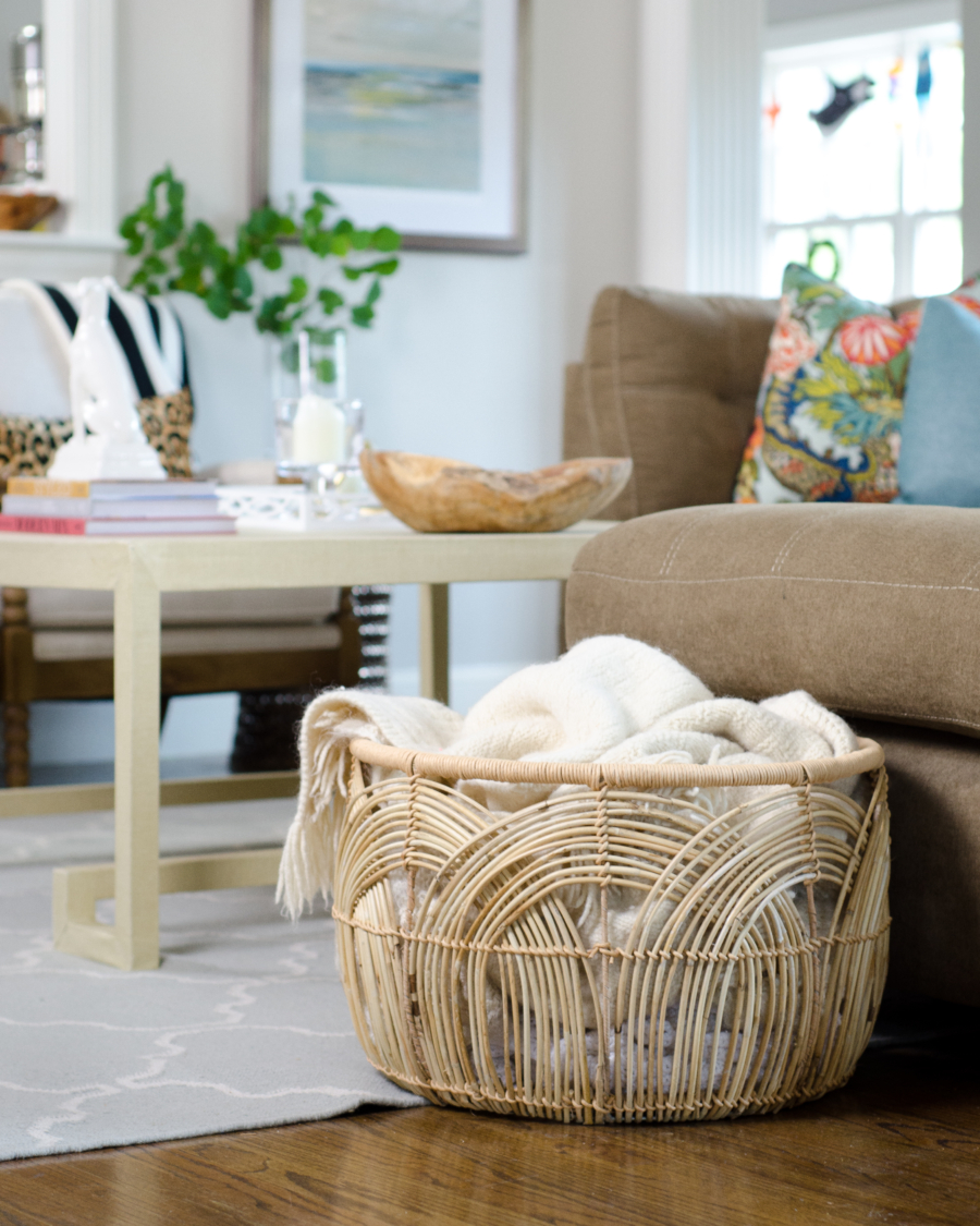 Rattan basket is perfect for holding throw blankets