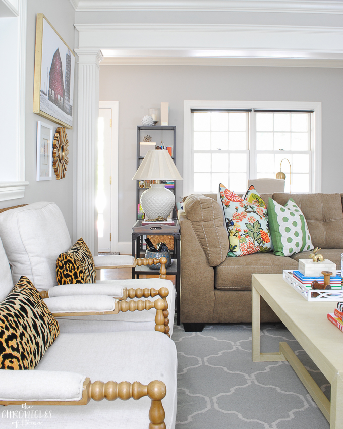 Cozy family room with leopard pillows 