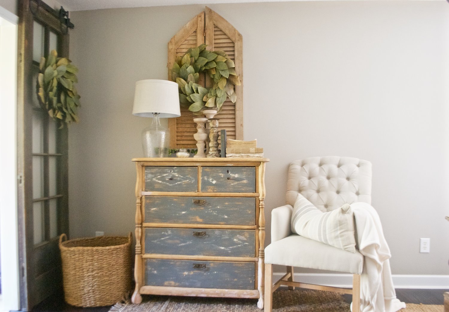 Farmhouse dresser and magnolia wreath 