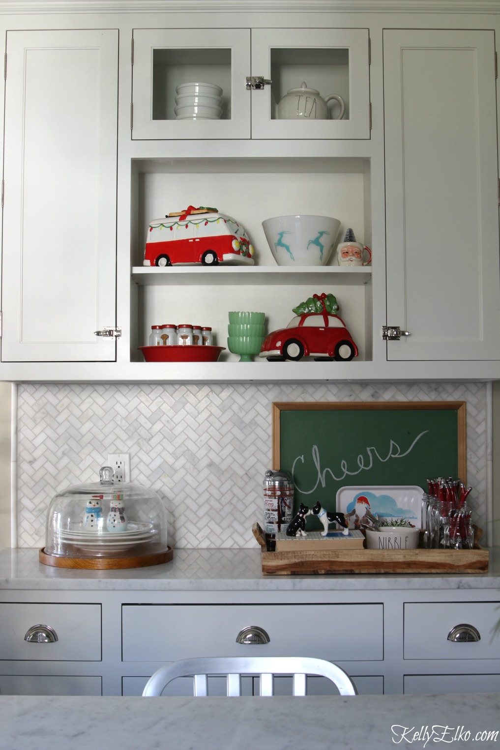 Christmas shelves and festive cookie jars in the kitchen kellyelko.com