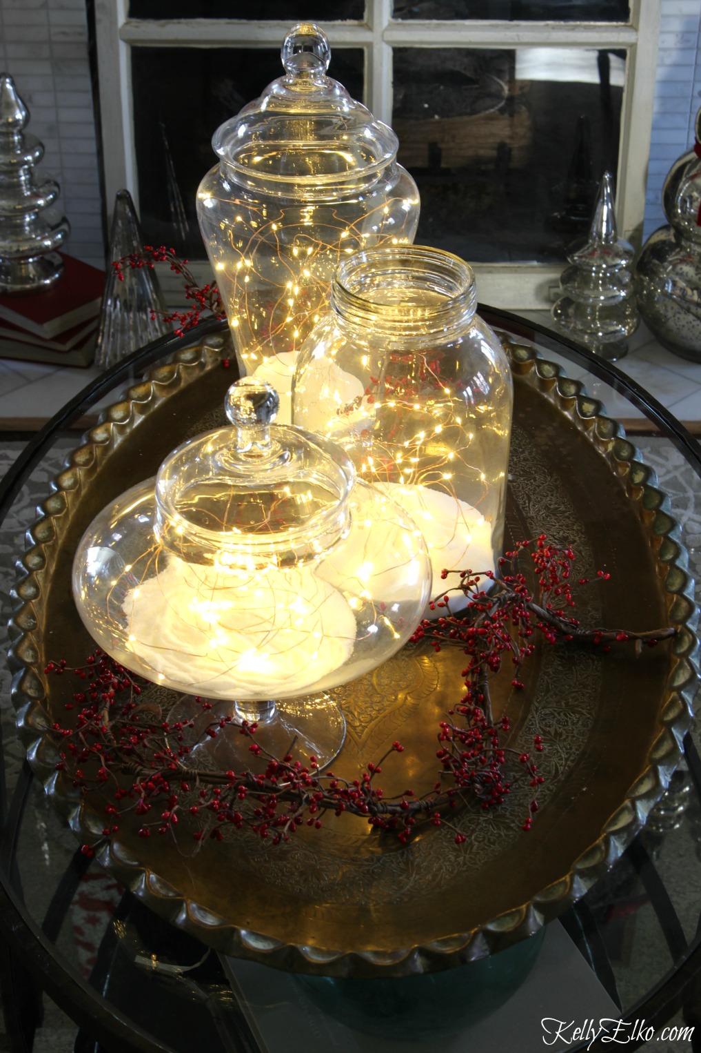 Creative Christmas Decorating Ideas - love these fairy jars and she shares the best lights to use! kellyelko.com