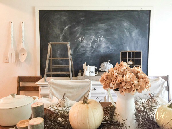 Farmhouse dining room with giant chalkboard 