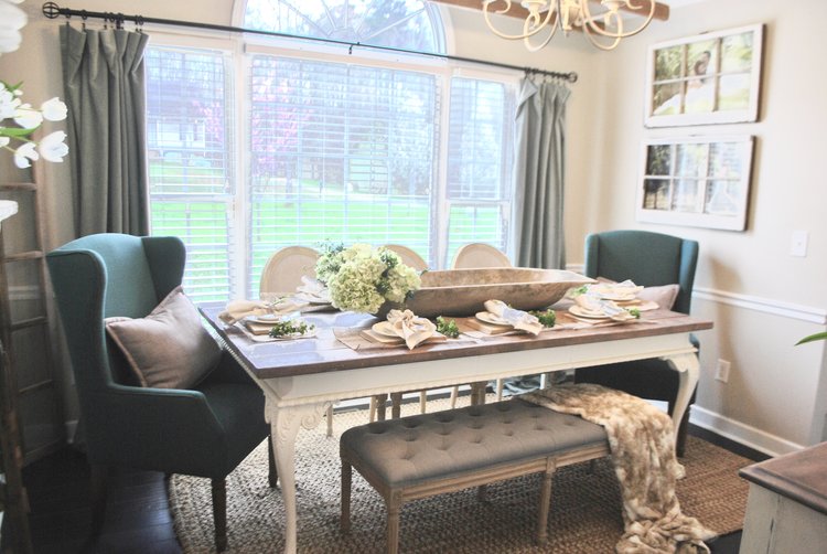 Farmhouse dining room dough bowl centerpiece