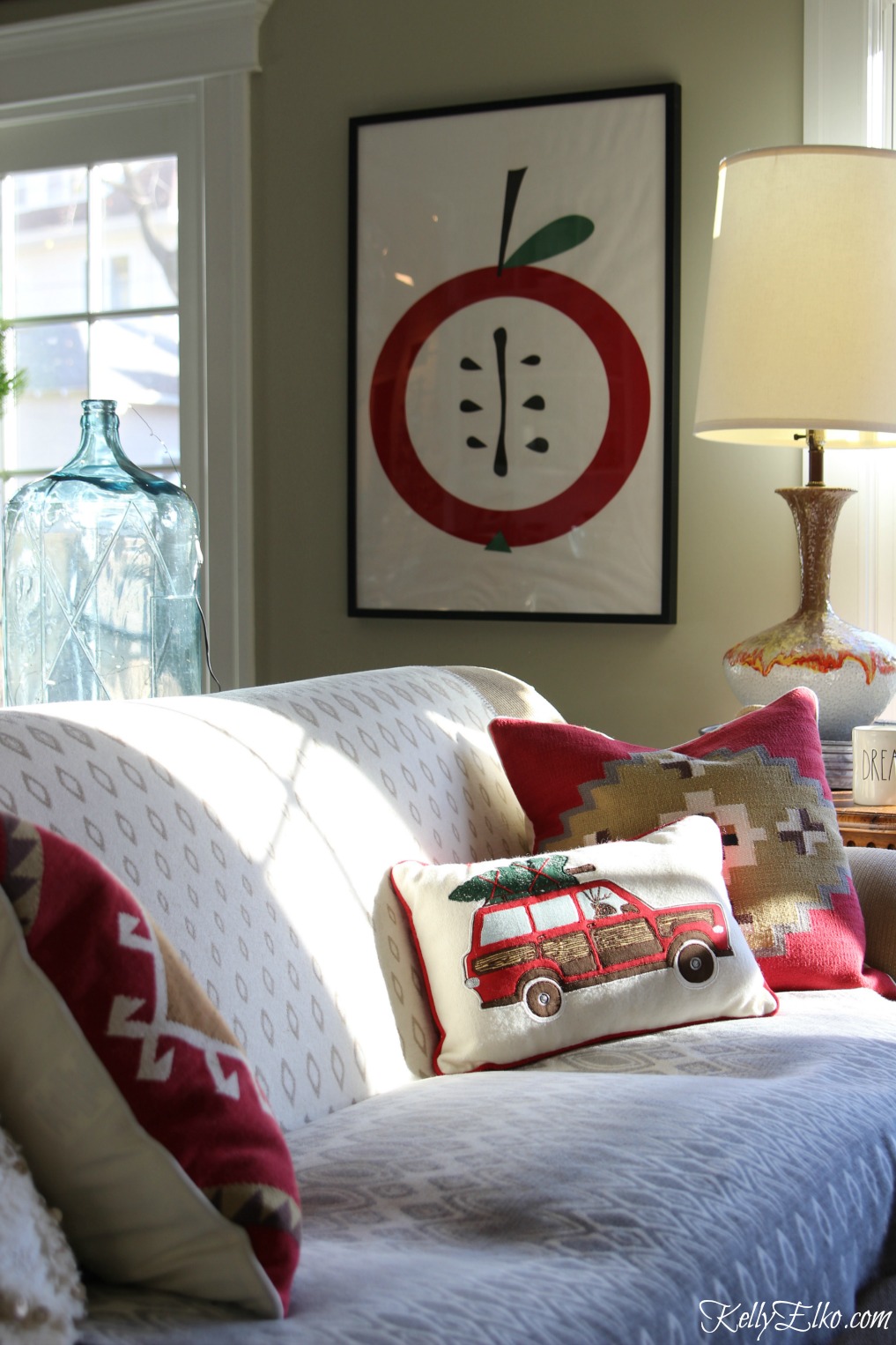 Cozy Christmas family room with red kilim pillows kellyelko.com