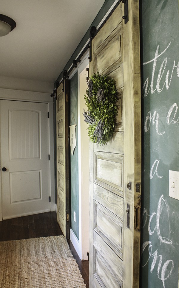 DIY sliding barn doors - love the green chalkboard wall too 