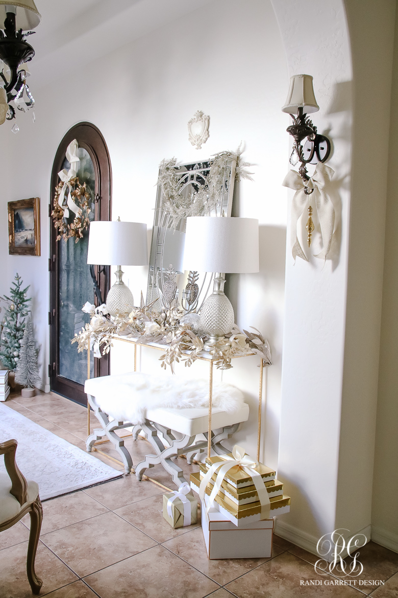 Festive foyer in whites and golds 