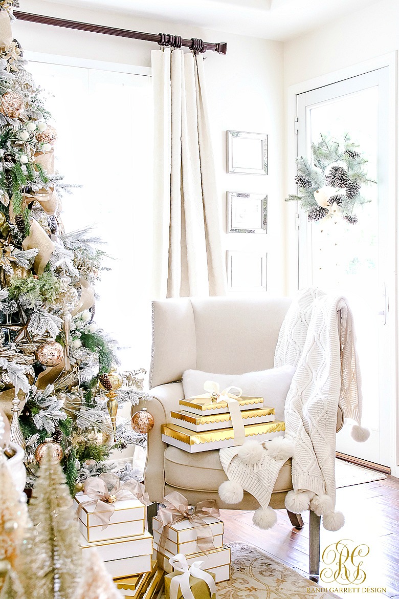 Cozy Christmas home - love the stacks of gold gifts 