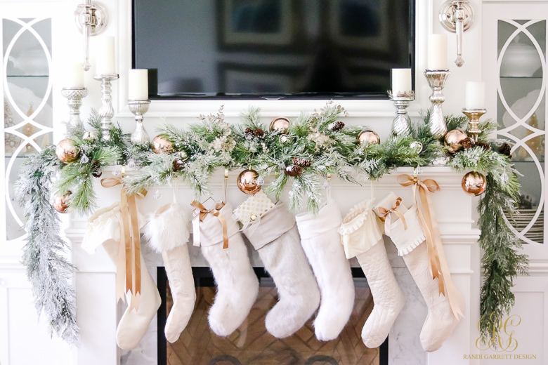 Gorgeous Christmas mantel with white stockings 