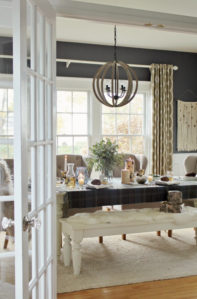 Christmas dining room with cozy plaid and sheepskin throws