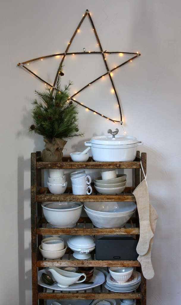 Christmas wood star and vintage ironstone