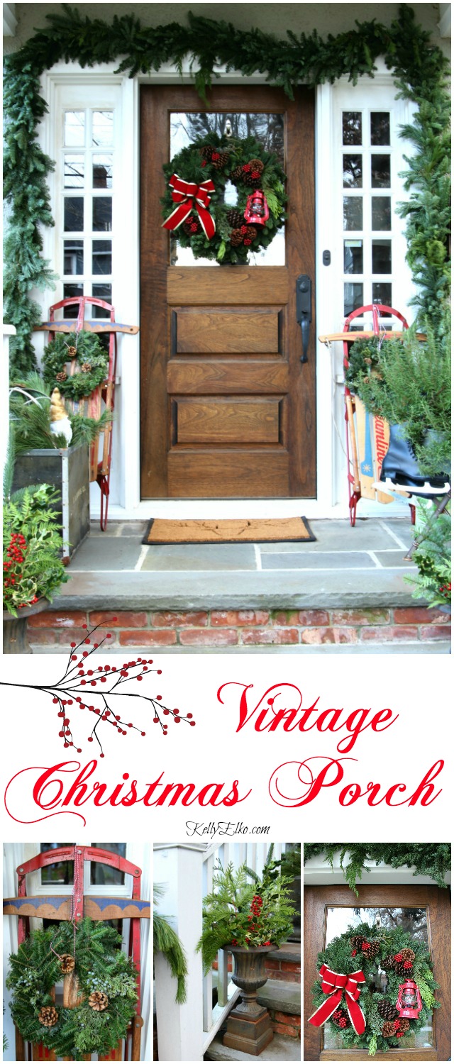 Vintage Sled Christmas Porch - love all the unexpected touches! kellyelko.com