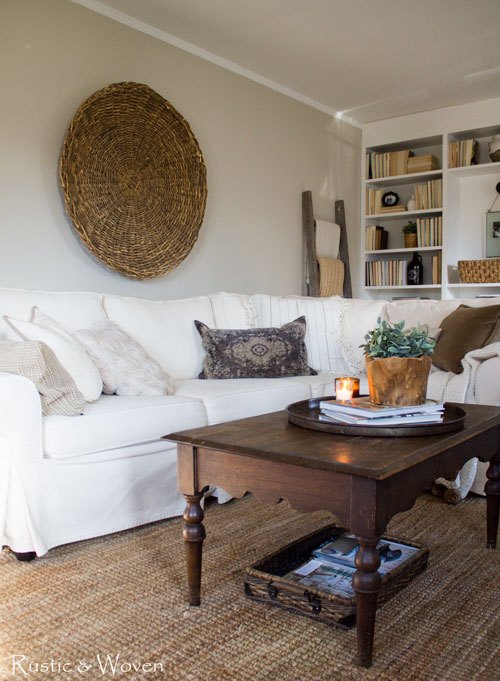 Cozy sectional sofa and huge basket wall art 