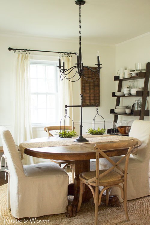 Neutral farmhouse dining room - love the mismatched chairs 