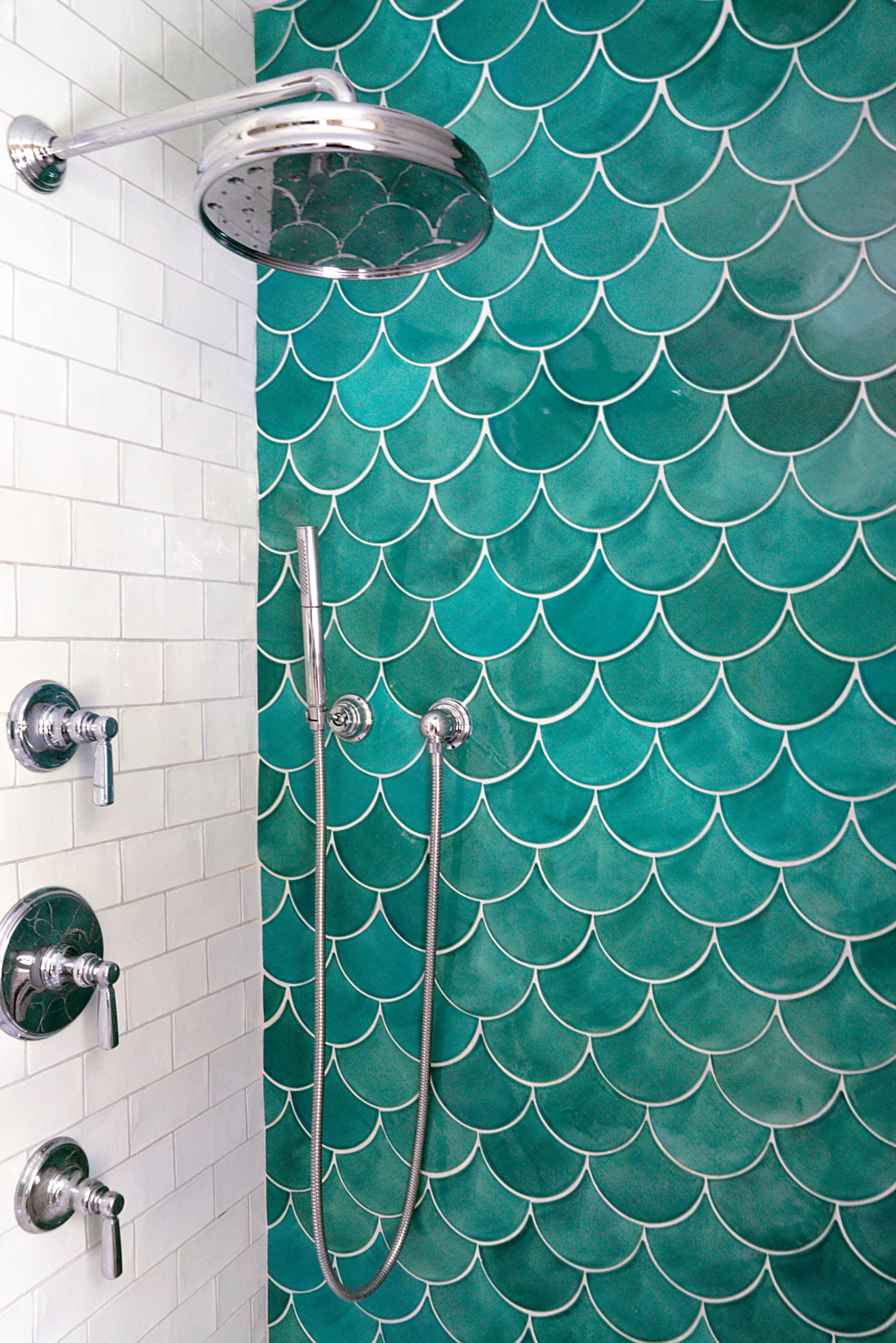 Blue fish scale tile in the shower