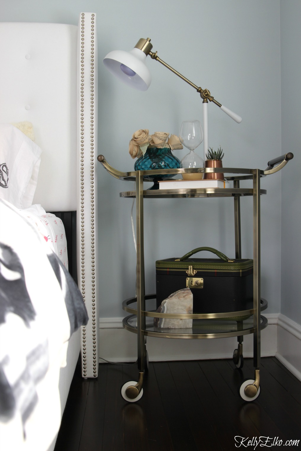 Love this bar cart turned nightstand kellyelko.com