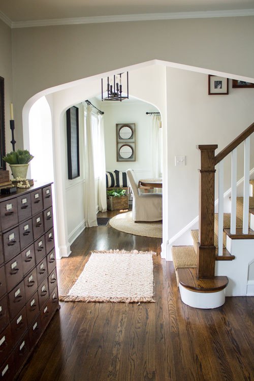 Neutral home tour - love the wood staircase