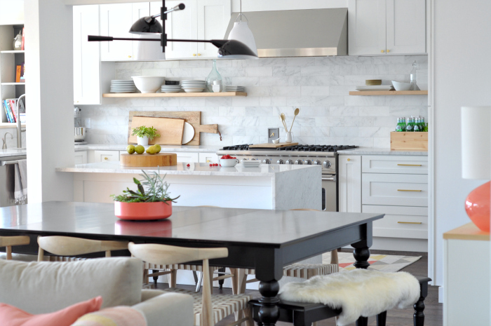 Gorgeous white marble kitchen with floating shelves 