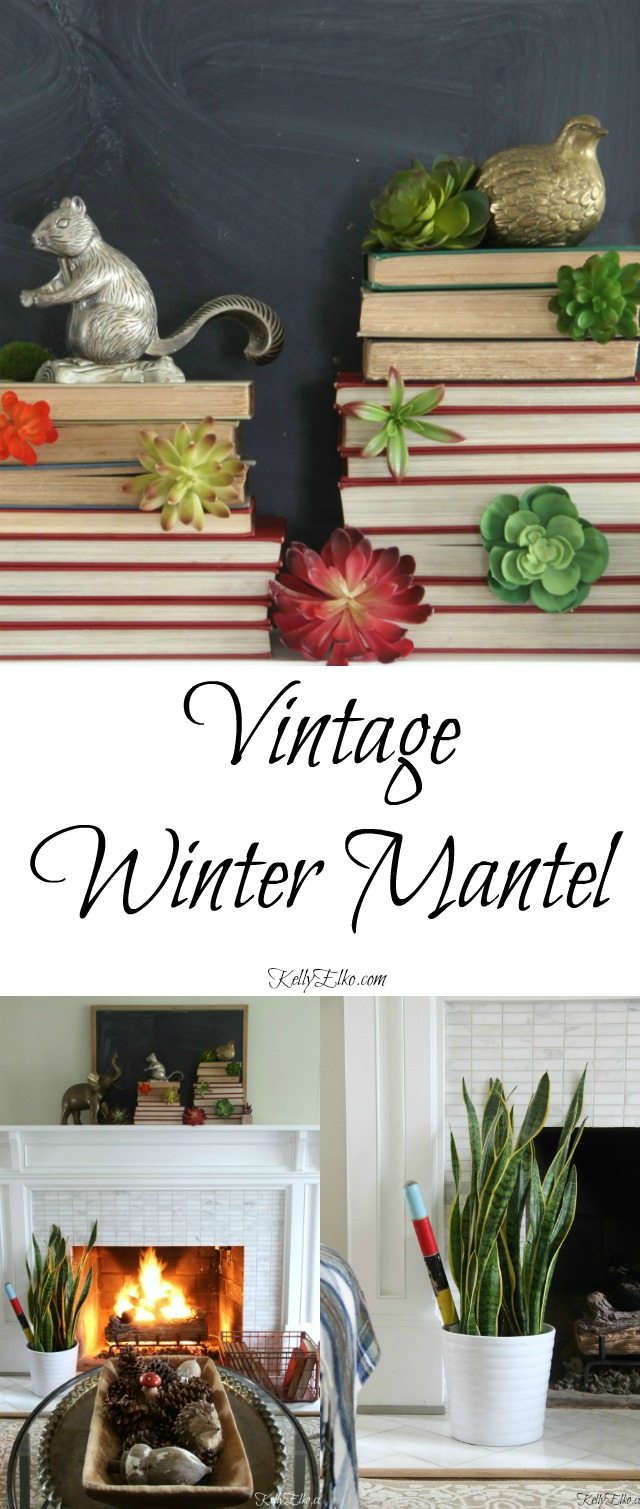 Vintage Winter Mantel - this is stunning with the succulent book tower kellyelko.com